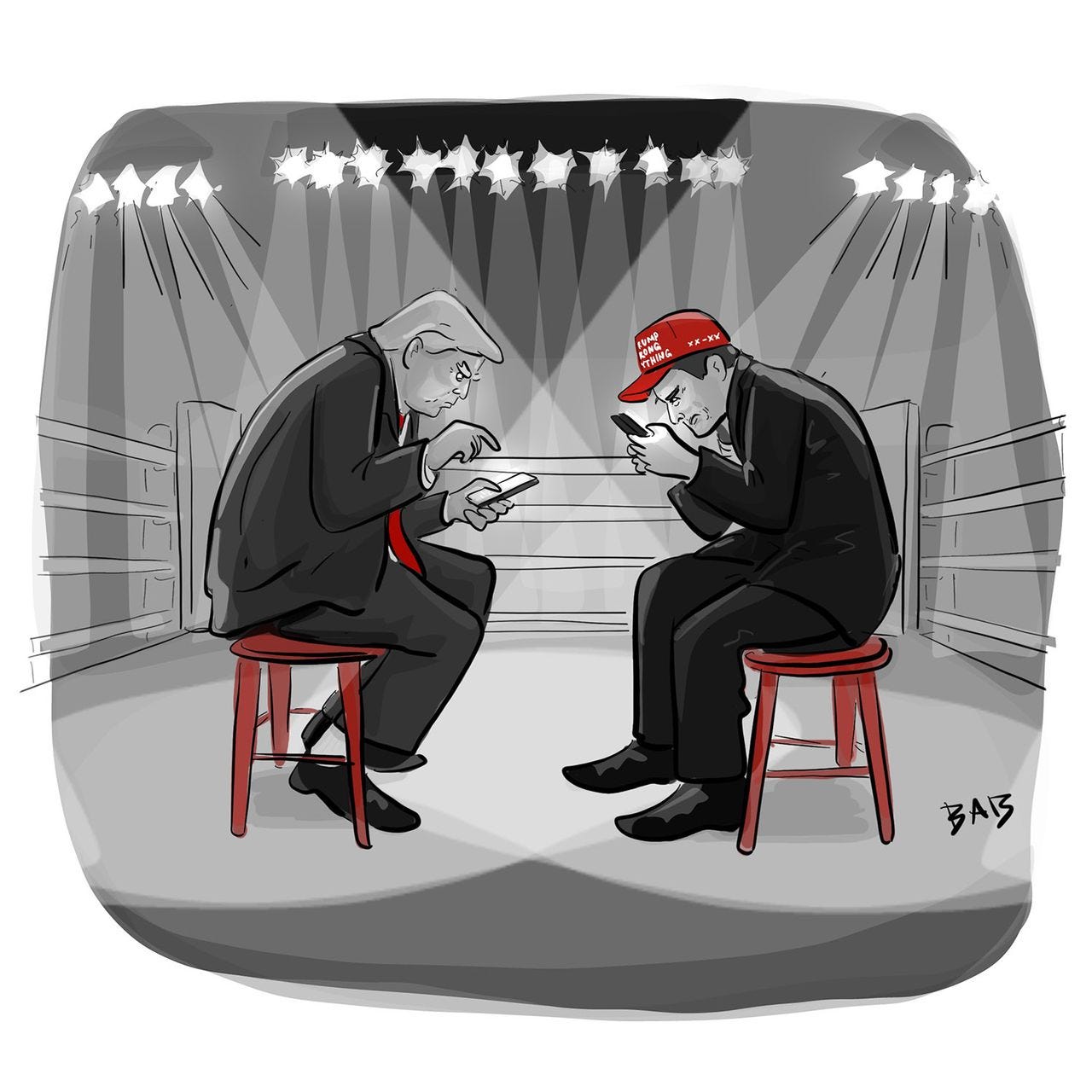 Donald Trump and Elon Musk are seated facing each other in a boxing ring under bright lights while staring at their phones. Donald Trump and Elon Musk are seated facing each other in a boxing ring under bright lights while staring at their phones.