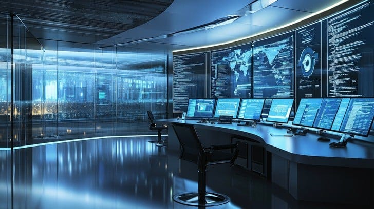 The interior of a state-of-the-art control room, illuminated by a cool blue light that casts a futuristic glow over the space. Several high-definition screens line the front wall, each displaying different types of graphically intense data and system monitoring tools. The room is equipped with ergonomic chairs and transparent partitions that suggest a highly secure and technologically advanced setting. This environment is typical of modern security operations centers or advanced command centers in industries like aerospace, defense, or technology.