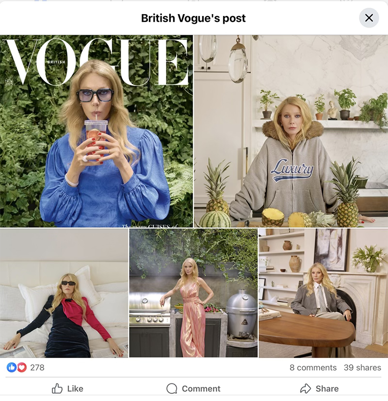 A sscreenshot of Vogue's Favebook post trailing the interview featuring Gwyneth in a variety of poses and outfits in her amazing house