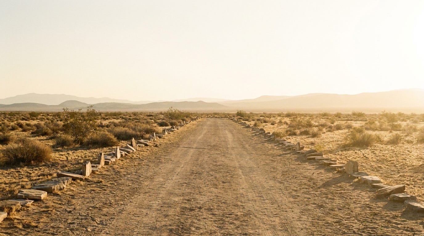 A wide sunlit desert plain at first light, a long straight lane of bare pale earth running between two low rows of weathered stones under a vast bright dawn sky, warm light across pale sand and scrub toward distant hills, no people, no faces, no text A wide sunlit desert plain at first light, a long straight lane of bare pale earth running between two low rows of weathered stones under a vast bright dawn sky, warm light across pale sand and scrub toward distant hills, no people, no faces, no text