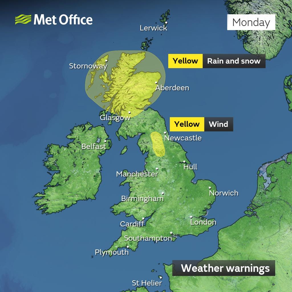 A map of the UK showing weather warnings across Scotland and northern England on Monday. 