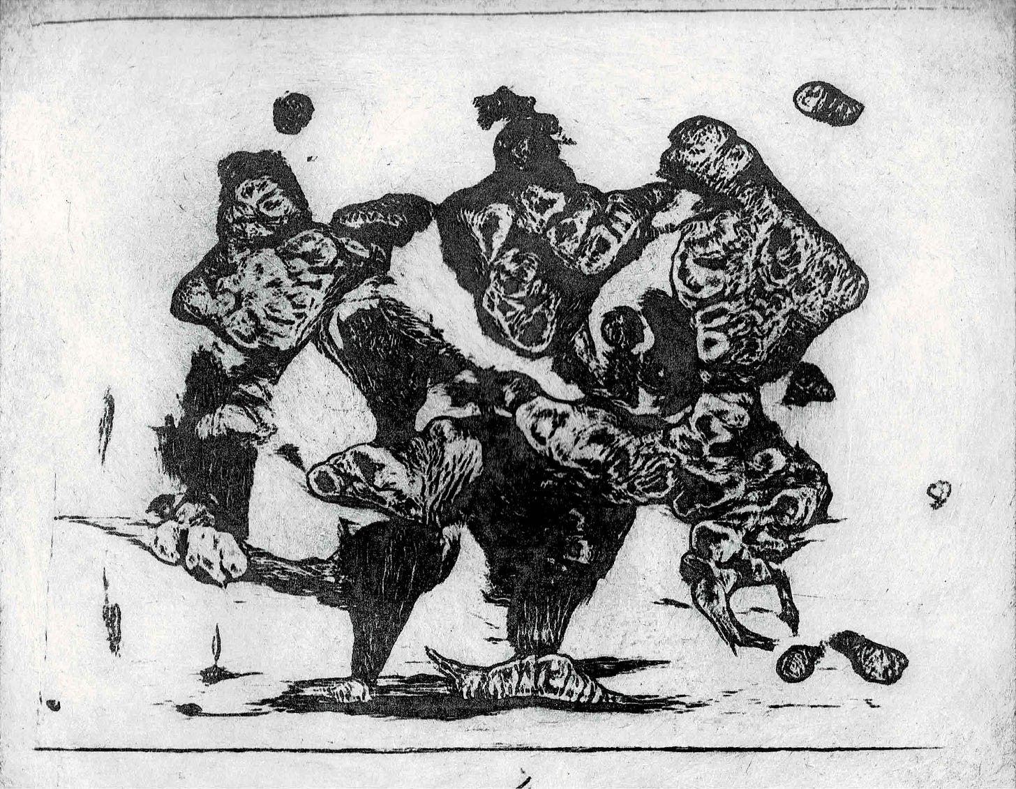 Single Generated Intaglio Print. Abstract shapes float near the center of the page almost like silhouettes dancing in a circle. A tiny dark circle, almost a sun, is at the top left of the image.