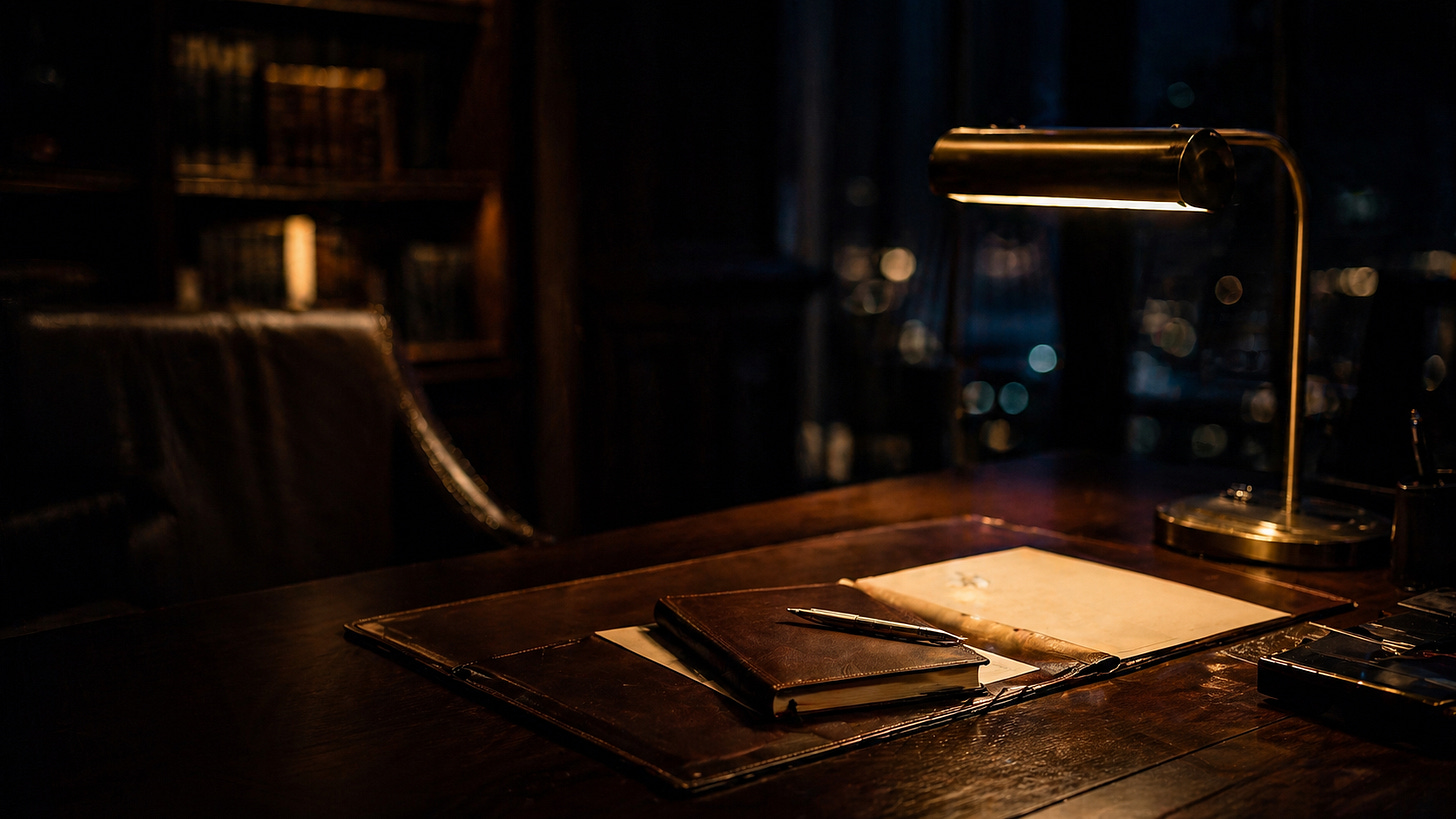 Scrivania in noce scuro con cartellina hotel aperta e penna, ufficio del decision maker hotel luxury invisibile.