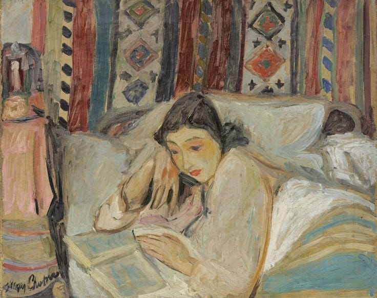 This may contain: a painting of a woman laying in bed reading a book