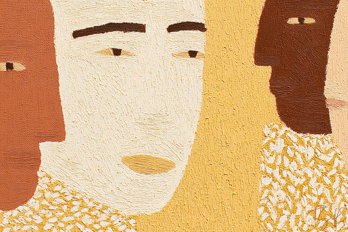 Close-up of minimalist faces in beige and brown tones, with neutral expressions bordering on expressionlessness. Close-up of minimalist faces in beige and brown tones, with neutral expressions bordering on expressionlessness.