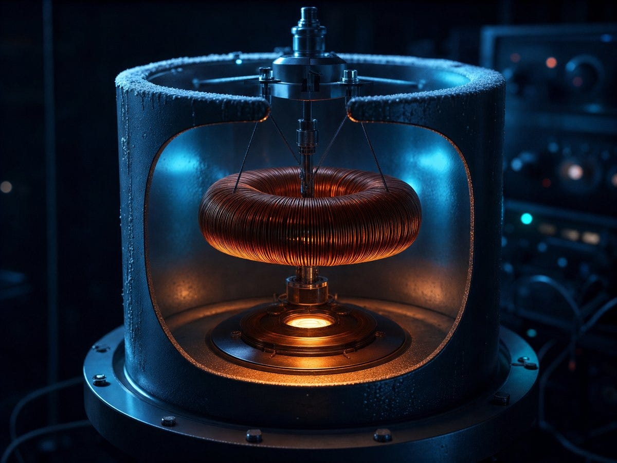 A toroidal copper winding suspended inside a frosted cryostat vessel