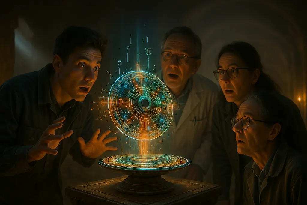 Disco óptico futurista flutuando sobre uma base metálica antiga, irradiando luz e símbolos holográficos, observado com espanto por um grupo de cientistas em um ambiente sombrio e arqueológico.