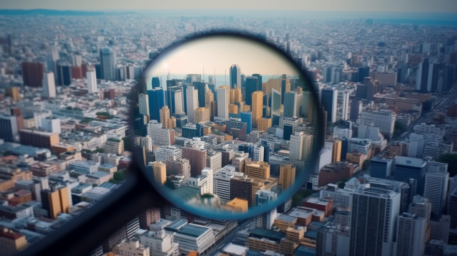 Midjourney prompt: Aerial view, of skyscrapers and a teeming city through the lens of a magnifying lens, use colors Butterscotch and Air Superiority Blue Midjourney prompt: Aerial view, of skyscrapers and a teeming city through the lens of a magnifying lens, use colors Butterscotch and Air Superiority Blue