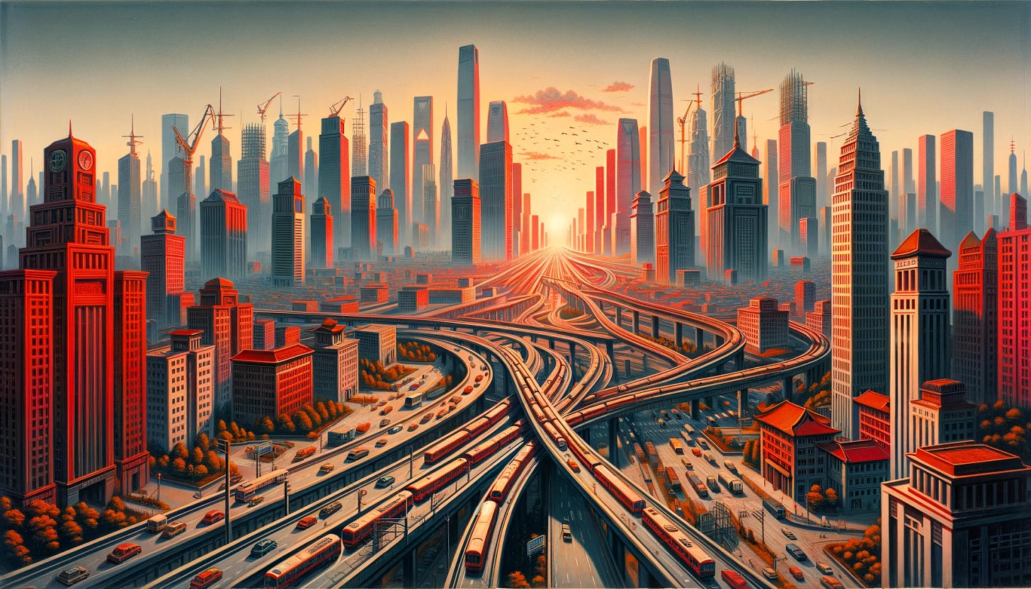 Refine the Socialist Realist artwork to emphasize the rise and fall of China's local government financing vehicles, with a stronger infusion of red throughout the composition to signify both prosperity and caution. In addition to buildings, include varied infrastructure elements like bridges, roads, and public transport systems in the early stages of optimistic development. As the scene transitions, depict these infrastructures in states of abandonment or under construction to reflect the challenges and eventual decline. The use of red should highlight the narrative's emotional depth and the complex dynamics of financial instruments in shaping urban landscapes.