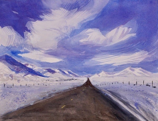 Watercolor painting by Sandra Humphries of a highway surrounded by snow and mountains. Watercolor painting by Sandra Humphries of a highway surrounded by snow and mountains.