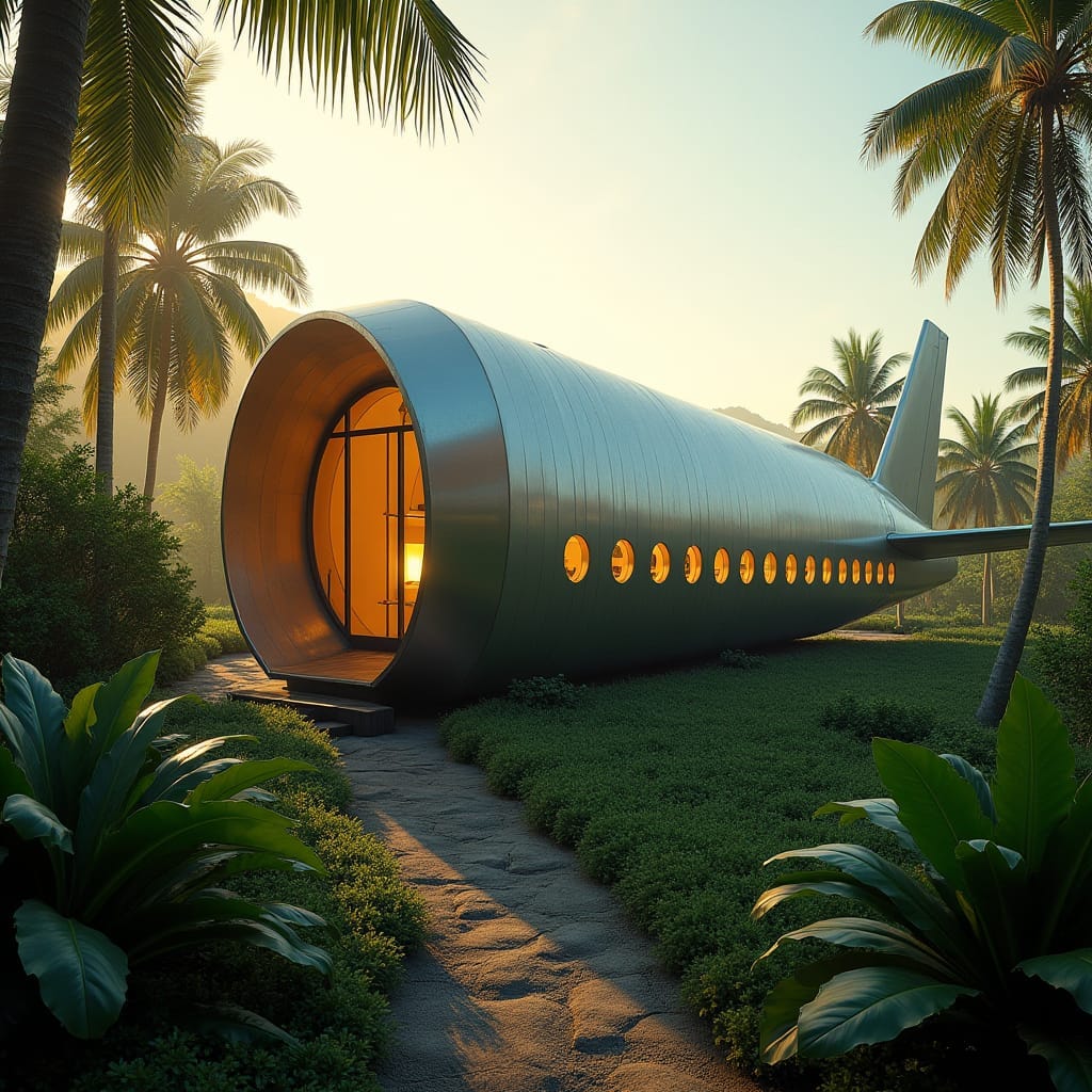Modern Jamaican home with rustic wooden accents and vibrant island colors, shaped like a massive airplane engine, with propellers transformed into spinning wind turbines, set against a lush, misty mountain backdrop.