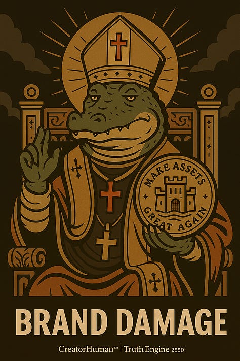 3-Deck Series: 1. Brand Damage, Parchment, Alligator Pope Holding a Bitcoin 2. Make Assets Great Again, Normalization of Corruption 3. Normalization Normal with Corruption stamped on boxes coming off the assembly line