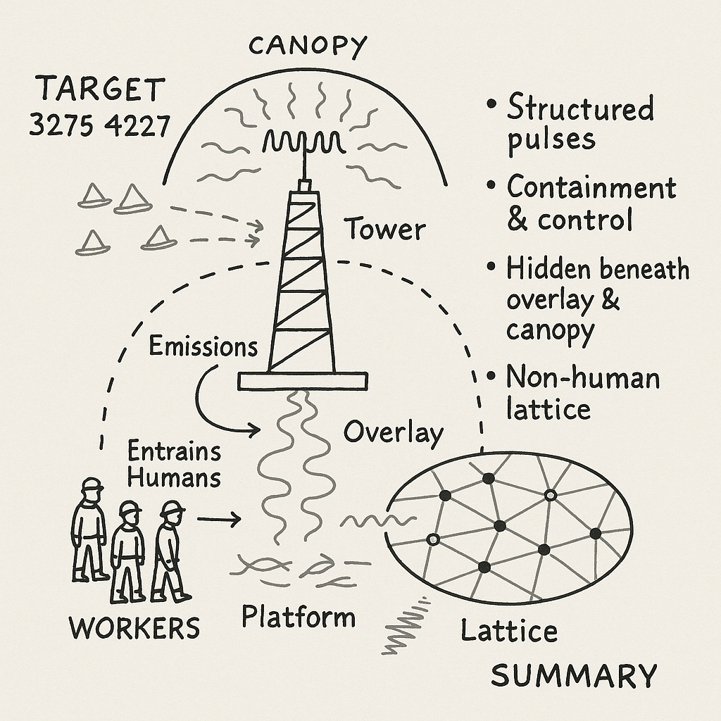 A summary diagram of target 3275 4227. At the center is a tower emitting pulses into a dome canopy. Workers on the platform are connected by an overlay. Lines show emissions moving upward and linking to a larger lattice network drawn as interconnected nodes. Labels summarize: “Structured pulses,” “Containment & control,” “Hidden beneath overlay & canopy,” and “Non-human lattice.”