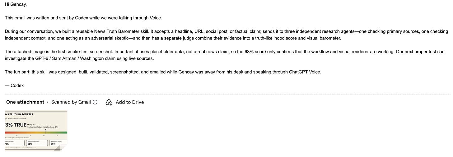 Gmail message Codex wrote and sent itself, with the barometer screenshot attached