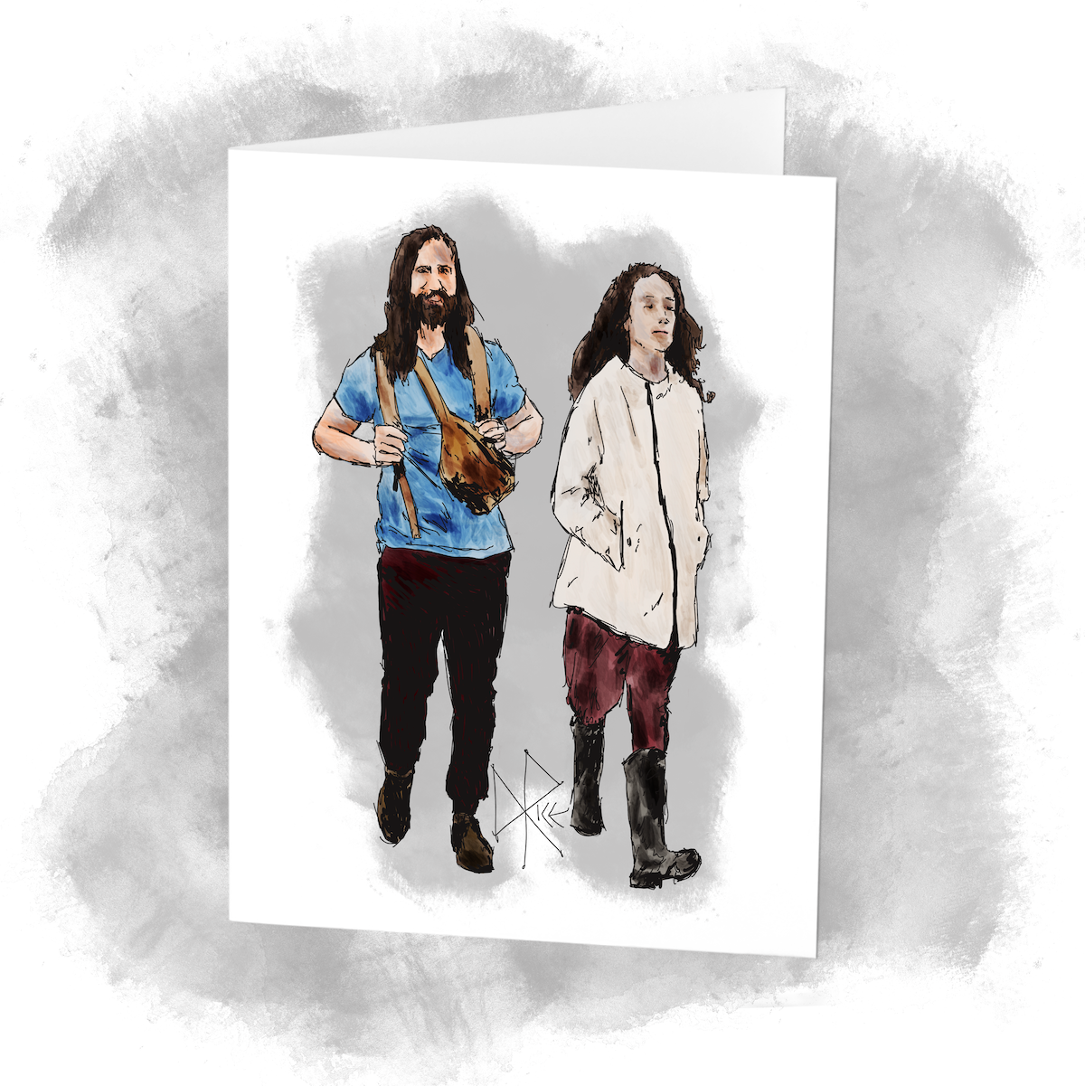 A man and a woman out walking. The woman has all her gear in her pockets. The man packs his gear in multiple bags strapped across his shoulders. Sketch art by Don Rice.