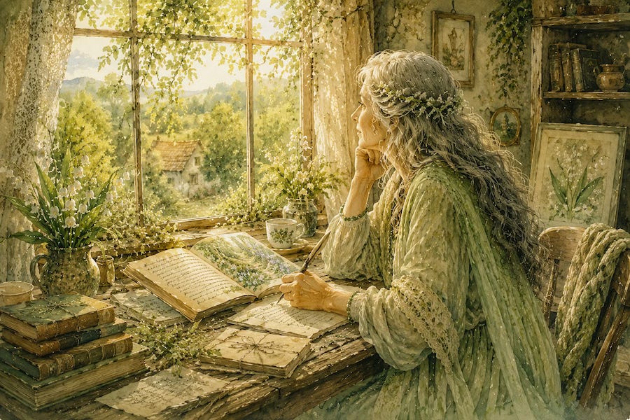 Years later, an older Enya sits at a wooden writing desk beside a sunlit cottage window, surrounded by books, handwritten pages, and vases of lily-of-the-valley. Soft green and gold watercolor tones fill the room as she pauses in reflection, carrying the memory of the Blossoming Bells into the stories she writes. AI-assisted artwork. © 2026 Designed by Kim West. All rights reserved. Years later, an older Enya sits at a wooden writing desk beside a sunlit cottage window, surrounded by books, handwritten pages, and vases of lily-of-the-valley. Soft green and gold watercolor tones fill the room as she pauses in reflection, carrying the memory of the Blossoming Bells into the stories she writes. AI-assisted artwork. © 2026 Designed by Kim West. All rights reserved.