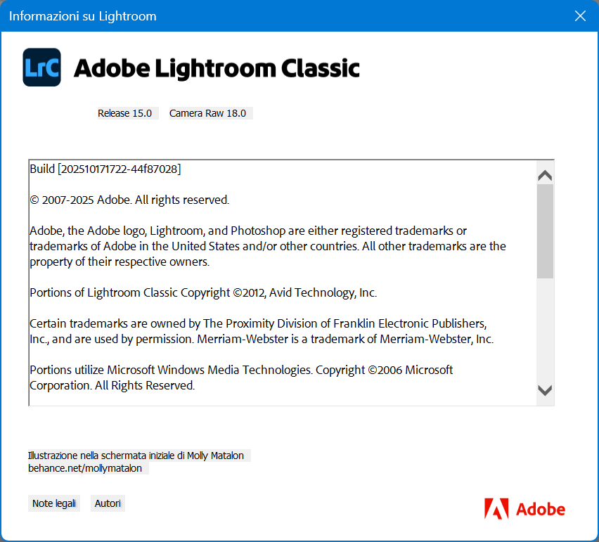 La schermata Informazioni di Lightroom Classic Versione 15.0