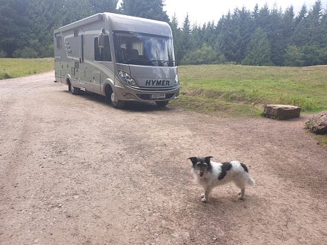 A small stove with some cooking and a Kettle, a dog lying on a bed on the dashboard of a motorhome, Dean and Jo, a cosy view of a van lit up at night, 1kg bag of teabags, motorhome and dog, champagne and glasses, Jo Scott sat at her desk