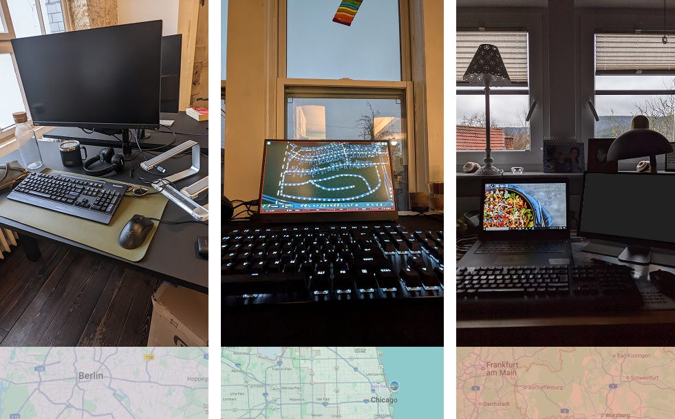 Three photos of different computer monitors side-by-side in different locations. The first one is in Berlin, with a large permenant monitor and a keyboard/mouse on the black desk top. The second one is a travel monitor in front of a window in Chicago dislaying a video game, with the keyboard in the foreground. The third one is a travel monitor on a stand next to a work laptop, in front of a window looking over hills in Bavaria, Germany.