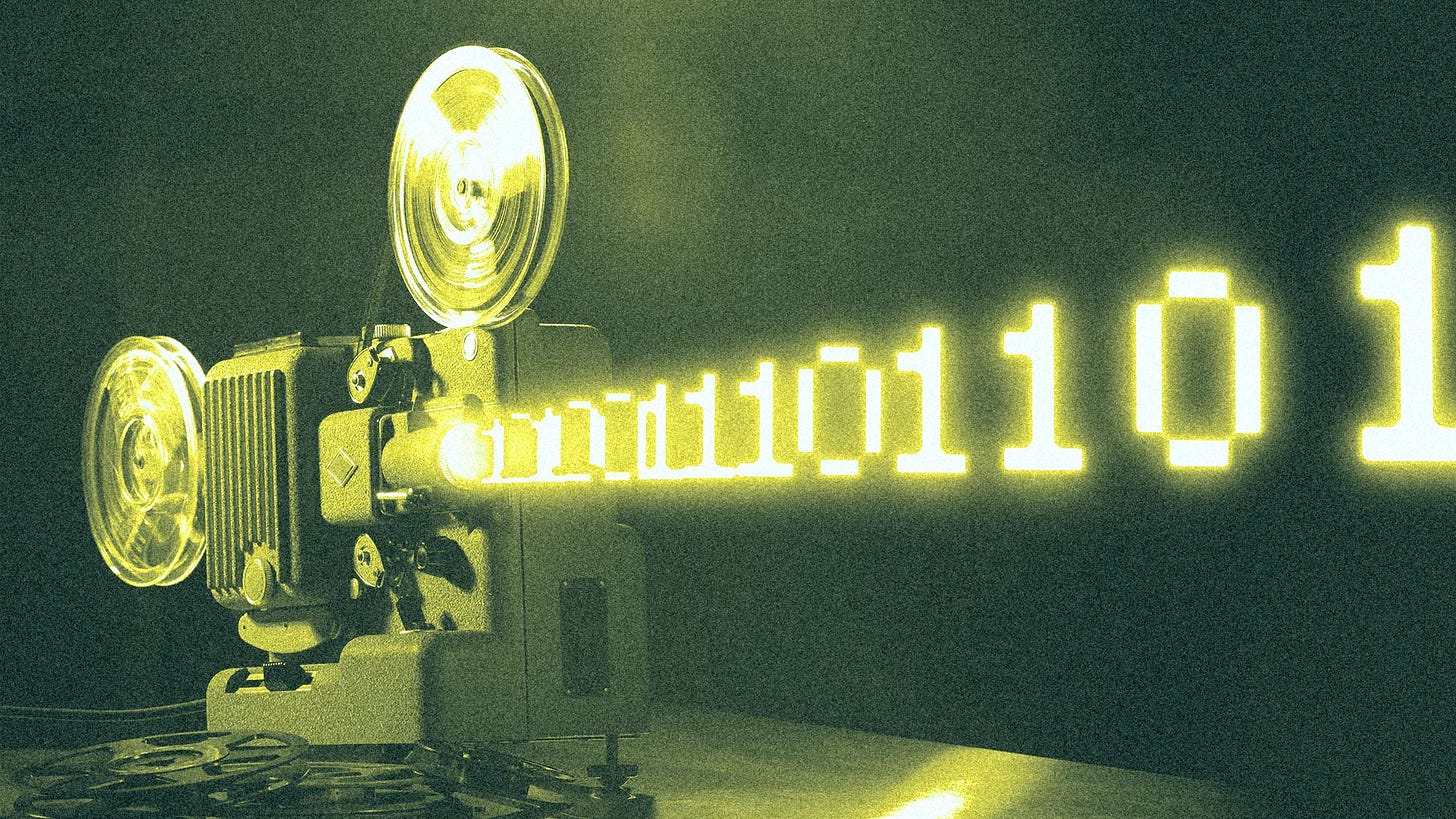 Illustration of a movie projector, projecting a line of binary code. Illustration of a movie projector, projecting a line of binary code.
