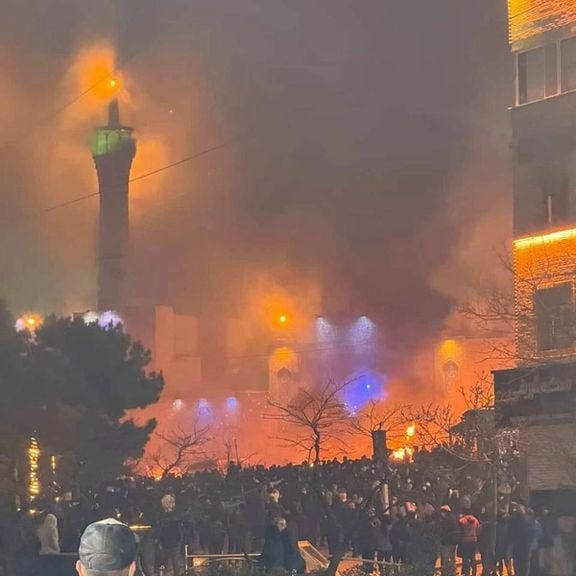 A huge fire at a mosque in Tehran's Saadatabad district, northwest of Tehran, on January 8, 2026