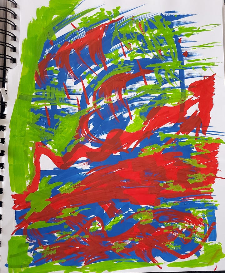 A series of abstract paintings with lots of squiggly lines in bright green, red, and blue/purple.