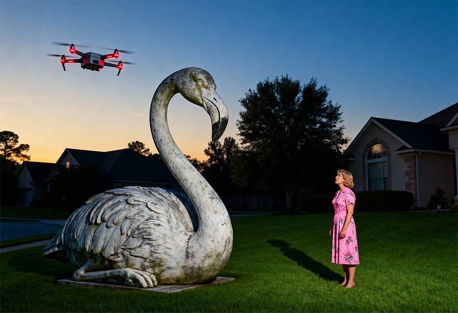 A person standing in a yard next to a statue of a swan

AI-generated content may be incorrect.