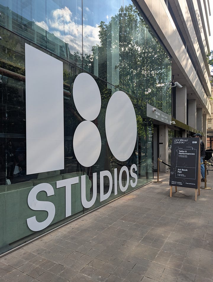 Exterior of 180 Studios on The Strand and Inside Offprint London, visitors browse books at a table beneath a dramatic dark wall with the word "Offprint" rendered in flowing neon light script.