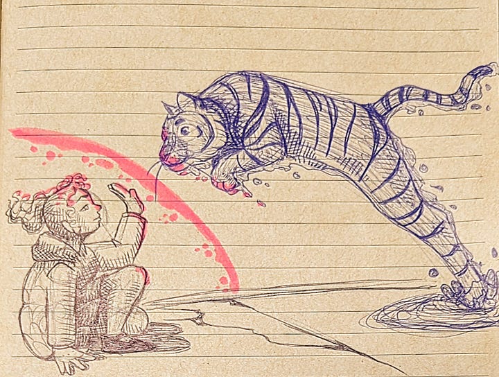Lotus is highlighter and ballpoint pen. Tiger and girl are ballpoint pens and highlighter