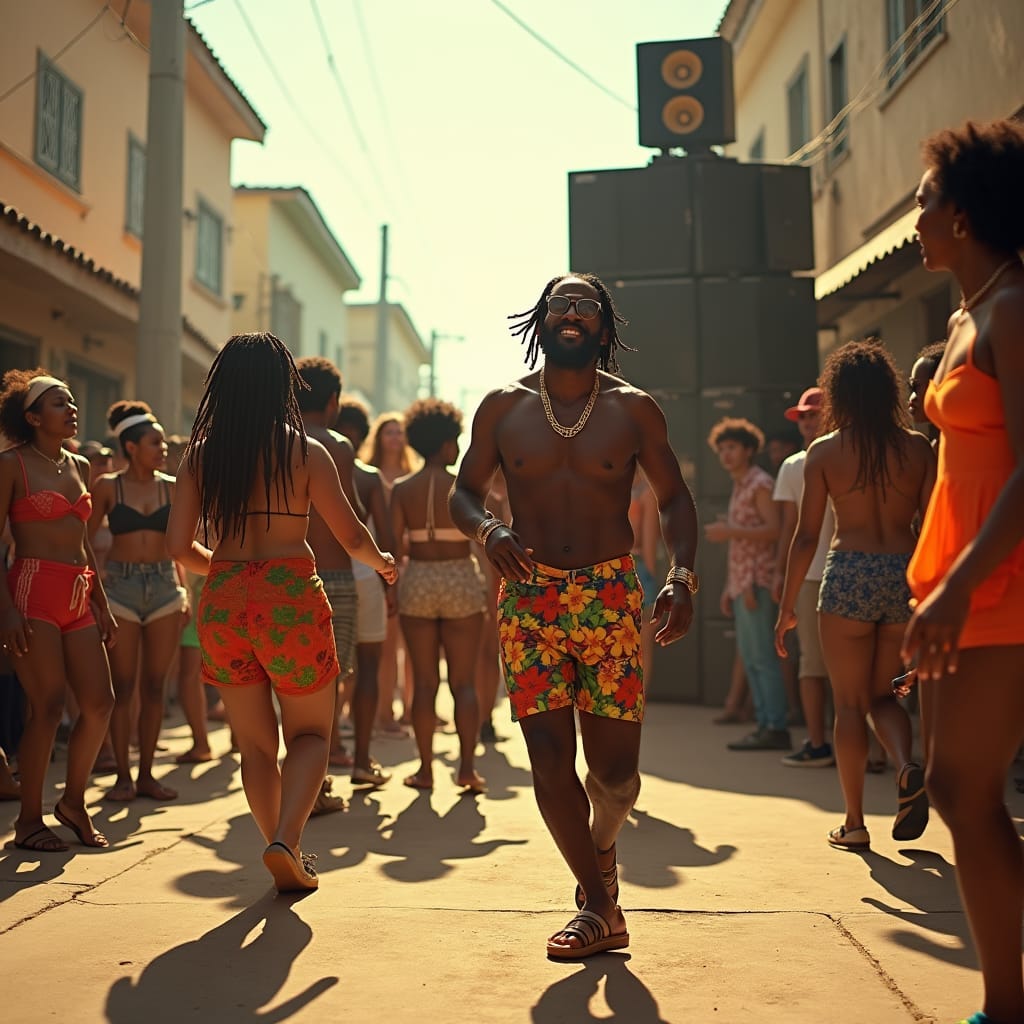 1990s Jamaican street scene with Yardie vibes: a lively crowd dances to reggae, a man in the center and a woman in short ‘batty rider’ shorts wining on the ground. A powerful sound system with four speaker stacks blasts dub beats, while a DJ crew spins vinyl at the turntables. The energy is electric, capturing the essence of a Jamaican dancehall block party.