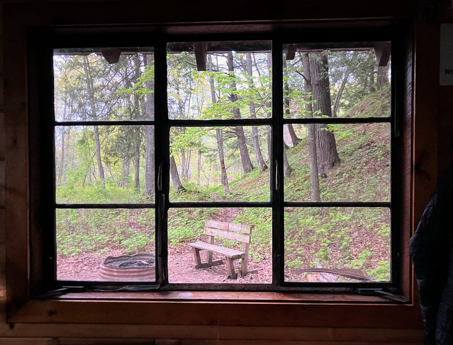 View out a window in a rustic cabin. Outside the window is a fire pit with a wooden bench, and many trees. View out a window in a rustic cabin. Outside the window is a fire pit with a wooden bench, and many trees.