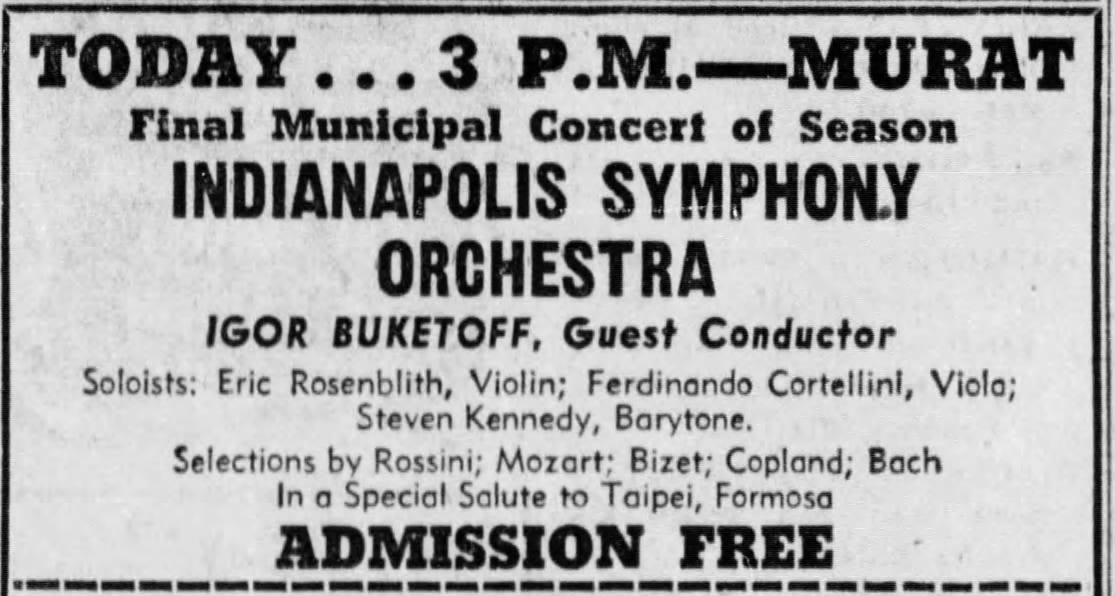An advertisement for a 1956 performance by the Indianapolis Symphony Orchestra, with a solo by concertmaster Eric Rosenblith