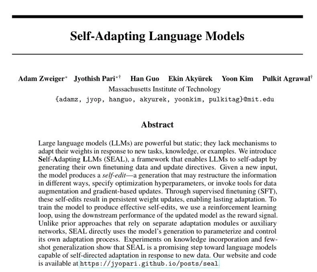r/tech_x - A new research paper called SEAL, Self-Adapting Language Models (arXiv:2506.10943) describes how an AI can continuously learn after deployment, evolving its own internal representations without retraining