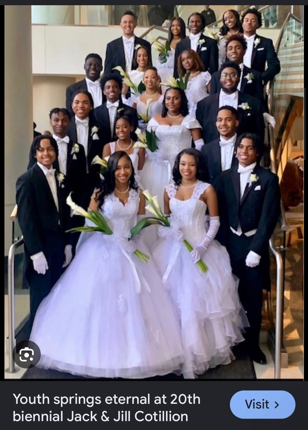 May be an image of one or more people, wedding and text that says 'Youth springs eternal at 20th biennial Jack & Jill Cotillion Visit >'