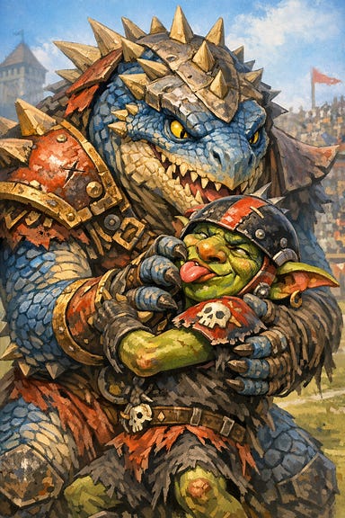 Saurus grappling goblin