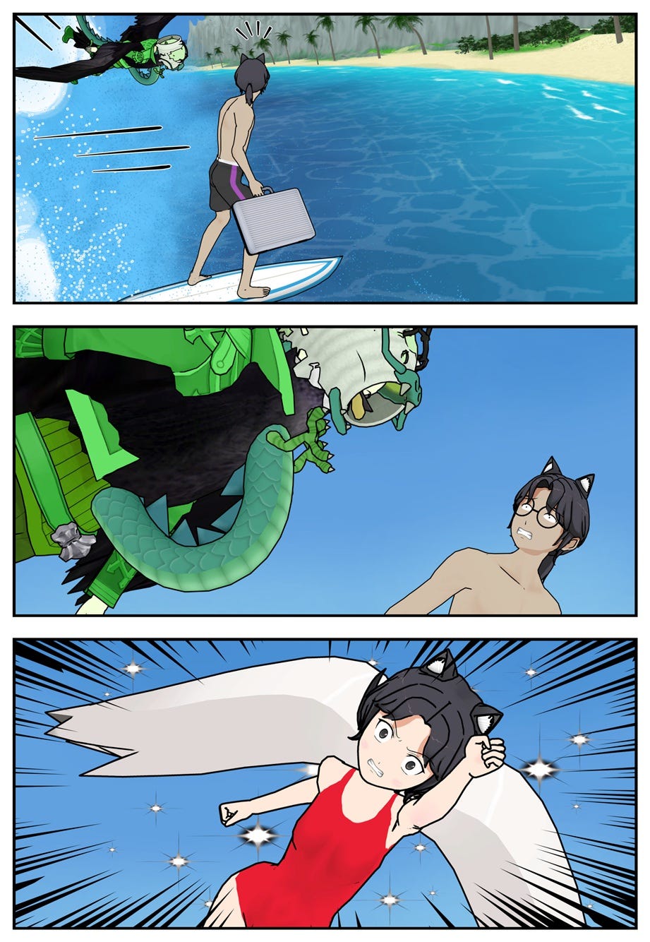 Ruff aims for shore, but he is not going to make it. Rae suddenly appears flying, powered up with her wings.