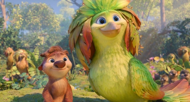 A still from the animated film "Swapped," showing a woodland creature and a bird standing next to each other.