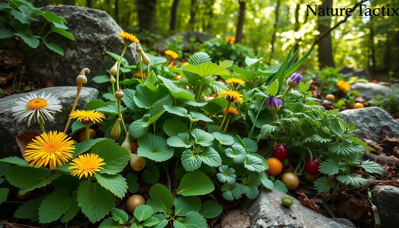 Common edible plants in a lush forest setting, featuring vibrant green leaves and colorful fruits, showcasing dandelions, wild garlic, clover, and nettles