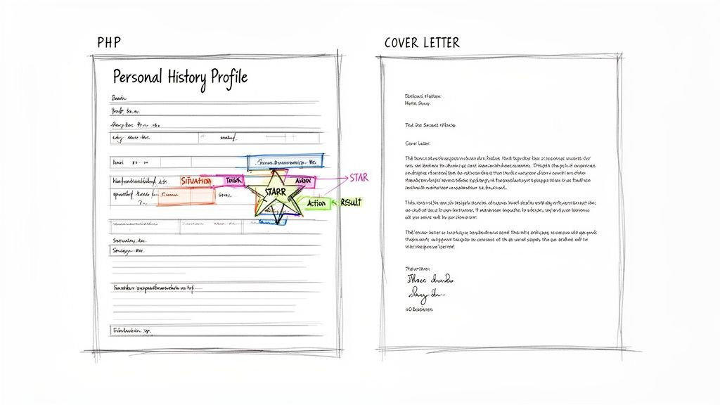 An image showing a Personal History Profile form detailing the STARR method, alongside a Cover Letter template. An image showing a Personal History Profile form detailing the STARR method, alongside a Cover Letter template.