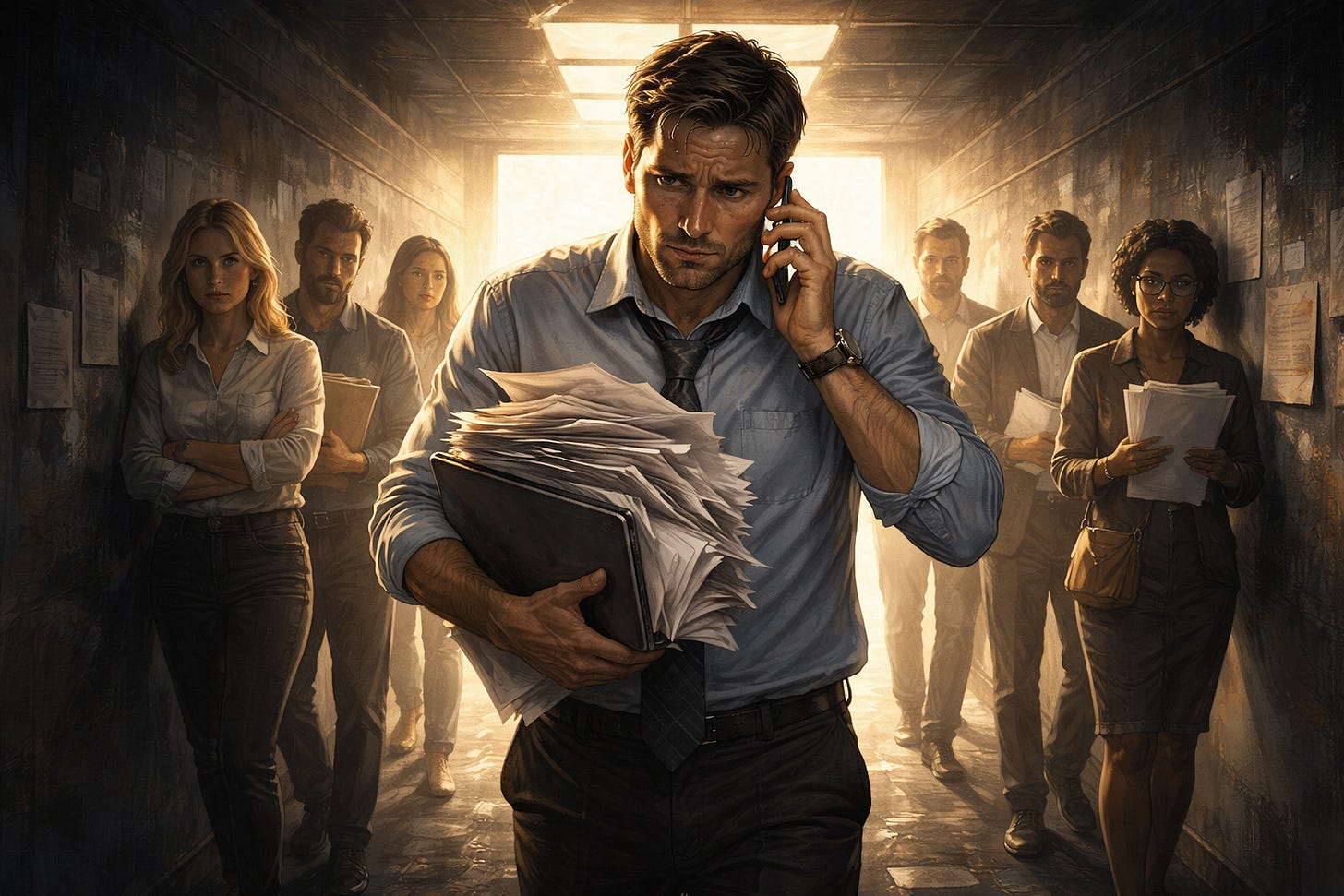 Overwhelmed manager blocking team in narrow office corridor, holding stacks of paperwork and phone, while capable employees wait behind with documents, symbolizing leadership bottleneck, poor delegation, micromanagement, and team productivity challenges.