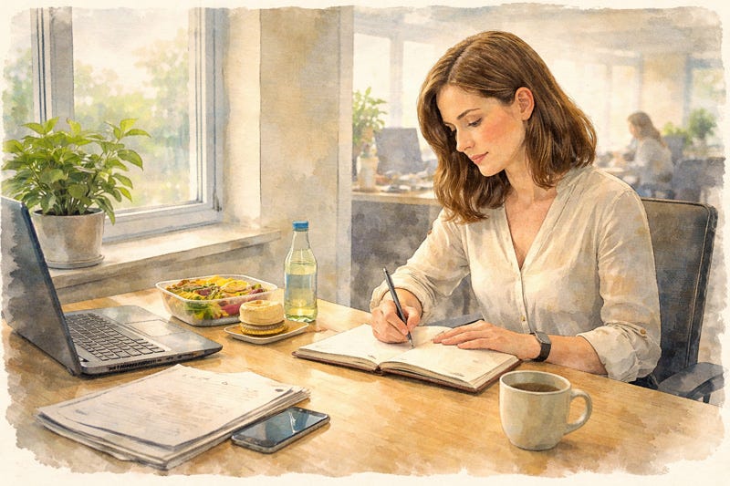 Sensitive woman writing in a journal at work, showing emotional awareness and reflection during a quiet lunch break. Sensitive woman writing in a journal at work, showing emotional awareness and reflection during a quiet lunch break.