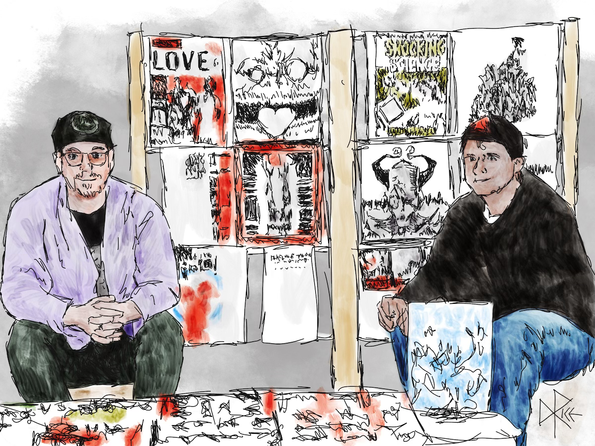 Two men, seated in their stall at a market, hawking t-shirts that they have created and printed. Sketch art by Don Rice.