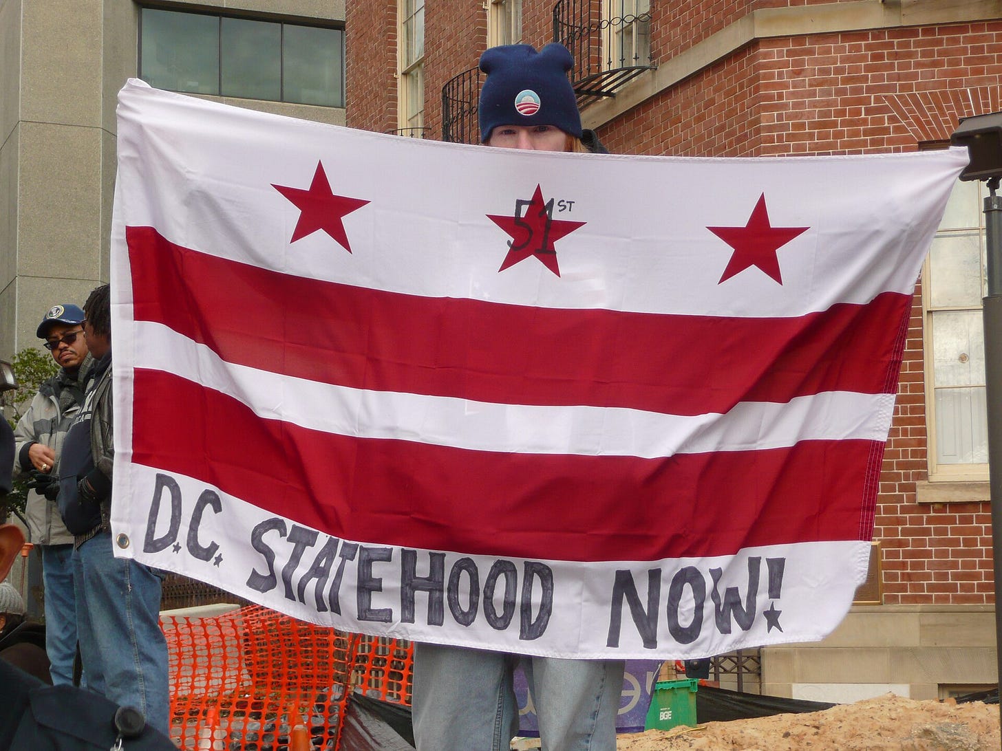 white man in blue hat holding DC flag with DC Statehood Now written on it. A couple of Black peopel chatting in background; in front of a public building