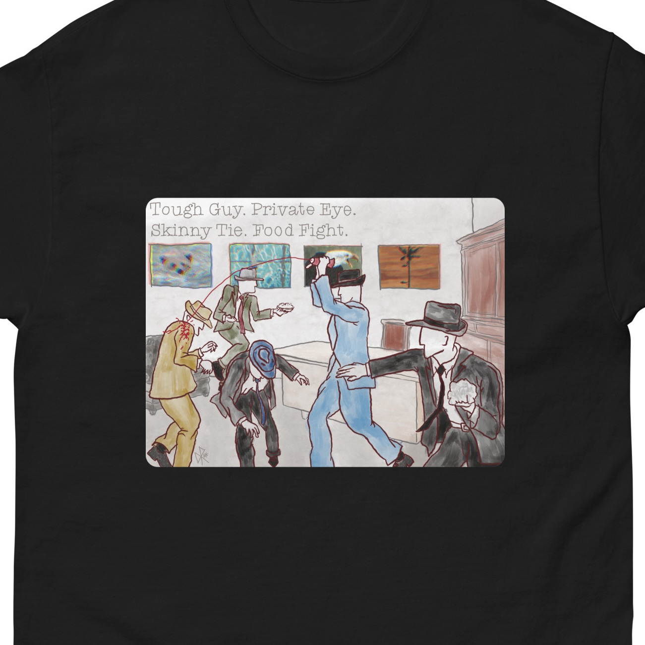 Cartoon of a bunch of fedora wearing 1930s dicks having a food fight. Sketch art by Don Rice. Cartoon of a bunch of fedora wearing 1930s dicks having a food fight. Sketch art by Don Rice.