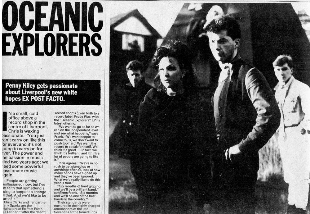 Page 1 of the article. It includes a black and white photo of four band members, with Chris and Frank in the foreground. Full text below.