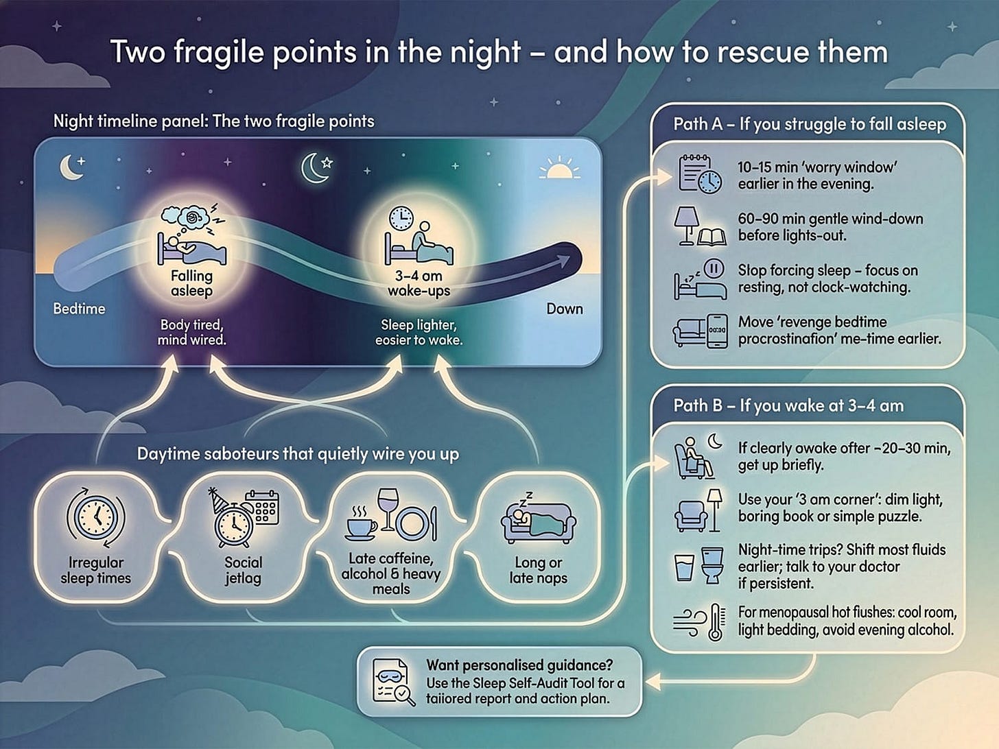 Infographic summarising how to sleep better by tackling difficulty falling asleep and 3 a.m. wake-ups, reducing daytime sleep saboteurs, and using an evening wind-down and 3 a.m. reset plan