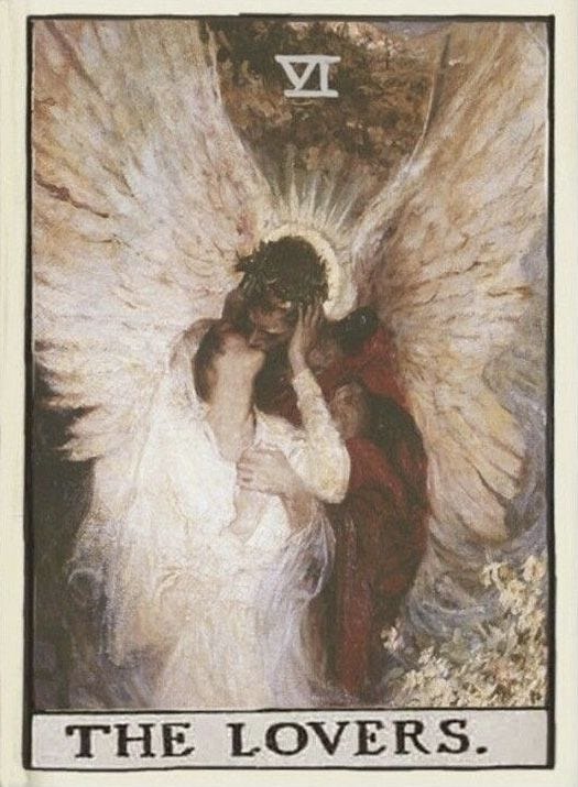 This may contain: the lovers tarot card with an angel