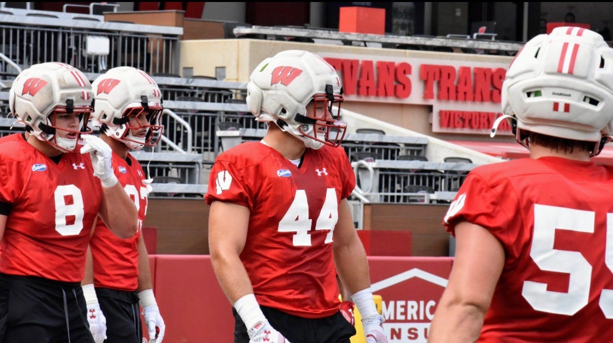 Wisconsin linebacker Cooper Catalano (44) participates in a Badgers football practice in Madison. Wisconsin linebacker Cooper Catalano (44) participates in a Badgers football practice in Madison.