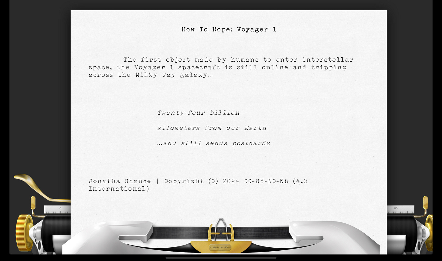 Image of 17 sounds by Jonatha Chance rendered by the Hanx Golden Touch virtual typewriter.