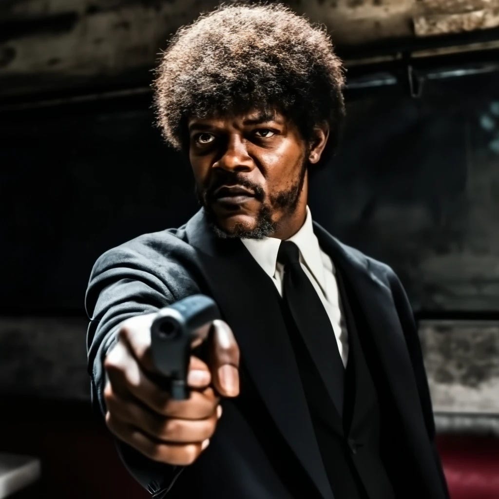 Pulp Fiction Samuel Jackson with afro in suit pointing a pistol